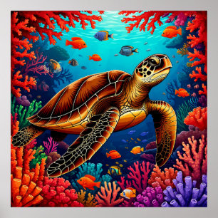 Póster Tortuga marina y arrecife de coral vibrante