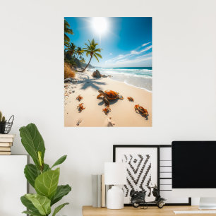 Póster Tortuga marina y cangrejos en playa tropical – Océ