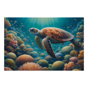 Póster Tortuga marina y coral