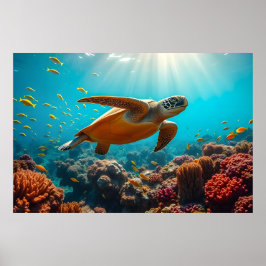 Póster Tortuga marina y muchos peces pequeños bajo el agu