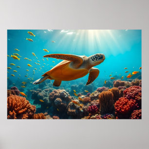Póster Tortuga marina y muchos peces pequeños bajo el agu