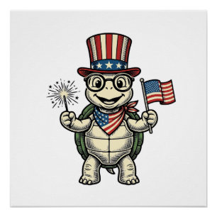 Póster Tortuga Patriótica Gráfica de Grabado Vintage para