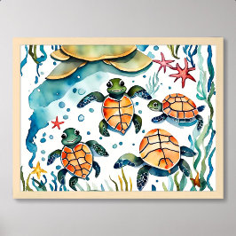 Póster tortuga pintando un pequeño océano de algas marina