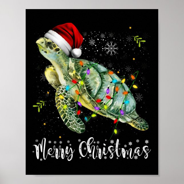 Póster Tortuga Santa Hat Feliz Navidad Luces navideñas Fi (Frente)