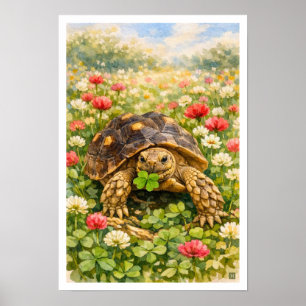 Póster Tortuga Sulcata acuarela con trébol de la suerte