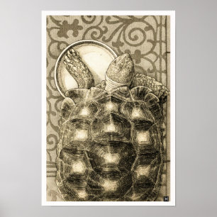 Póster Tortuga Sulcata dibujo a tinta sepia Art Nouveau