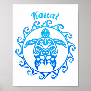Póster Tortuga tribal azul oceánica Kauai