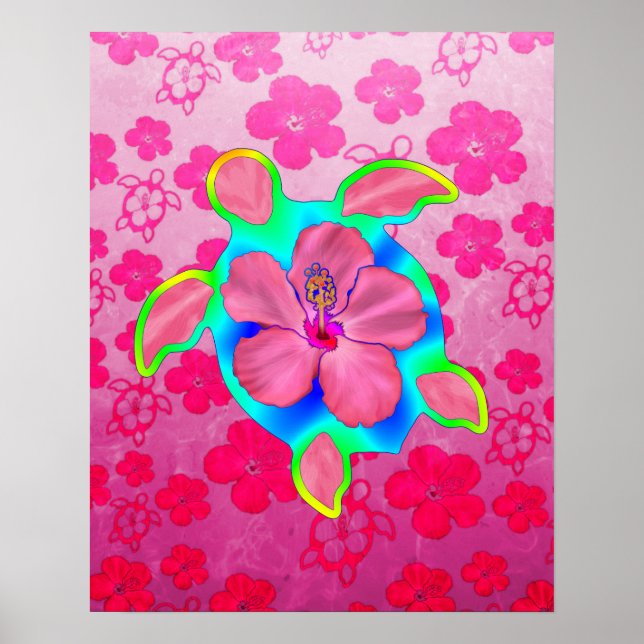 Póster Tortuga trópica honu e hibiscus (Frente)
