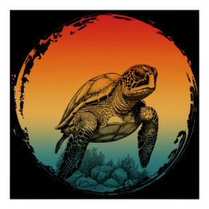 Póster tortuga verano océano atardecer