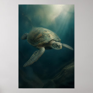 Póster Tortuga Verde Mar Glizando a Través de la Luz del 