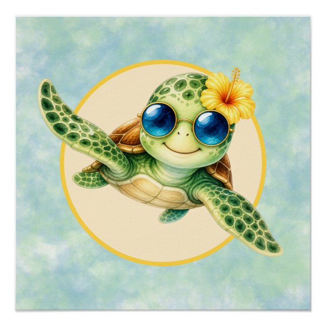Póster Tortugas Bebés Adorables con Flores Tropicales (Anverso)