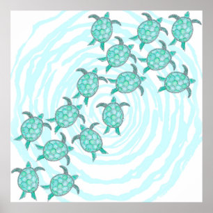 Póster Tortugas de mar verde azuladas de la acuarela en