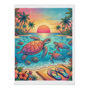 Póster Tortugas Marinas Tropicales Atardecer Playa Vlies