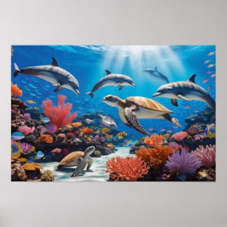 Póster Tortugas marinas y delfines en un colorido jardín