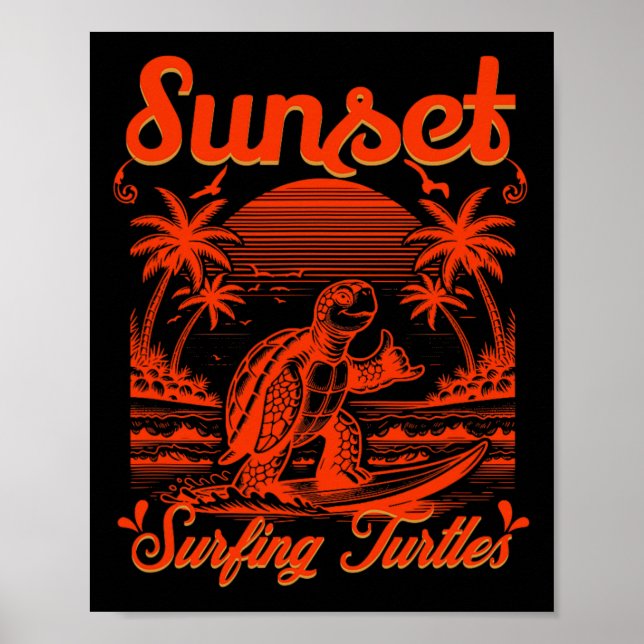 Póster Tortugas surfeando al atardecer de verano (Frente)