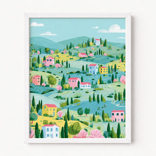 Póster Toscana en Verde Acuario con Casas Rosas Ilustraci
