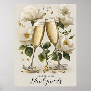 Póster Tostada elegante de champagne con rosas blancas