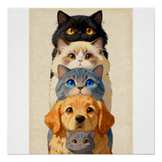 Póster Tótem de mascotas apiladas Gatos caprichosos y Gol
