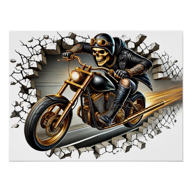 Póster Totenkopf Biker fährt durch die Wand (Anverso)