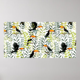 Póster Toucanos en hojas verdes y ramas sin soldadura