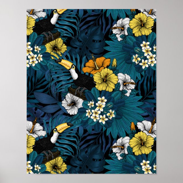 Póster Toucans and tropical flora, blue , yellow , orange (Frente)