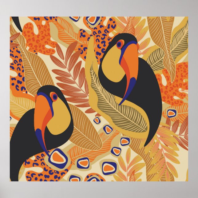 Póster Toucans en ramas, patrón tropical sin fisuras. (Frente)