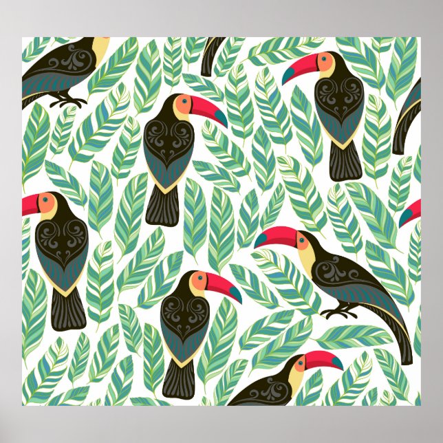 Póster Toucans, hojas tropicales, patrón decorativo. (Frente)