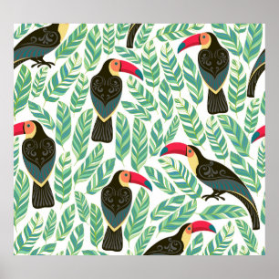 Póster Toucans, hojas tropicales, patrón decorativo.