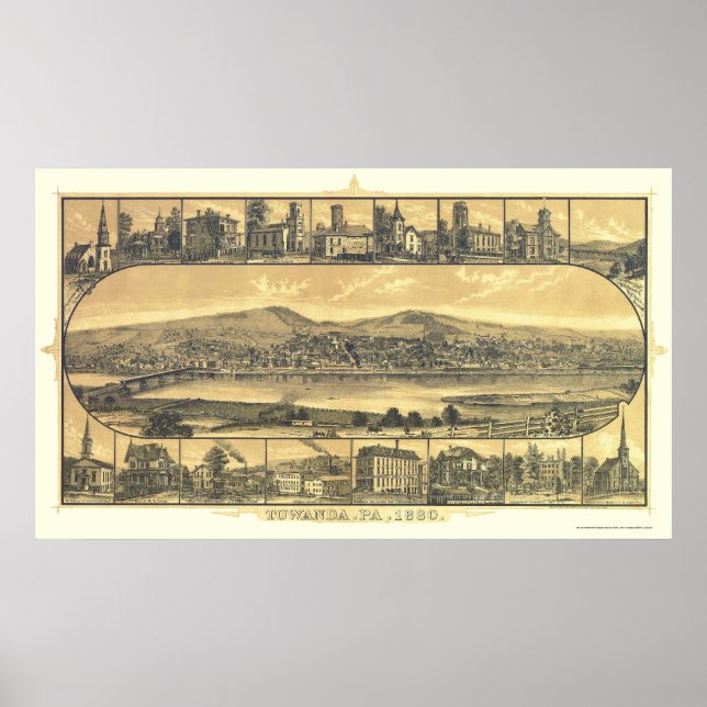 Póster Towanda, mapa panorámico de la AP - 1880 (Frente)