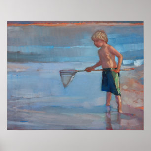 Póster Trabajo neto - muchacho con la red en la playa
