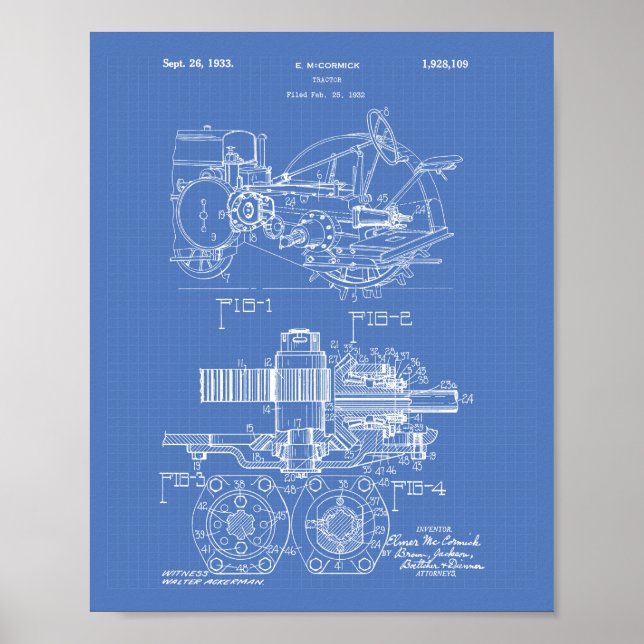 Póster Tractor 1932 Patent Art Blueprint (Frente)