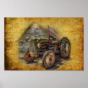 Póster Tractor de granjas de cosecha de vintage Old Barn 