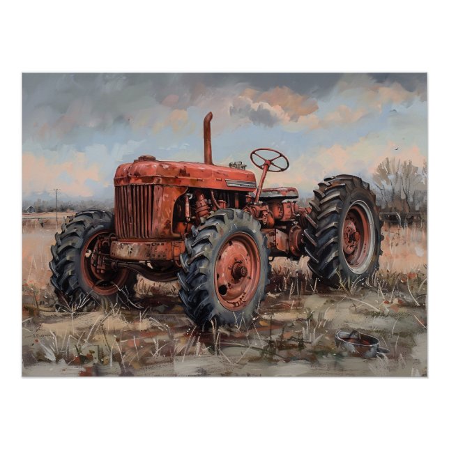 Póster Tractor en desenlace rústico de campo (Anverso)