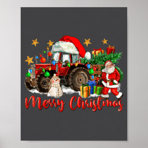Póster Tractor Navideño Alegre Con Santa Muñeco de Nieve