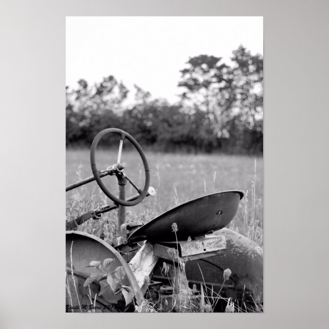 Póster Tractor vintage en blanco y negro (Frente)