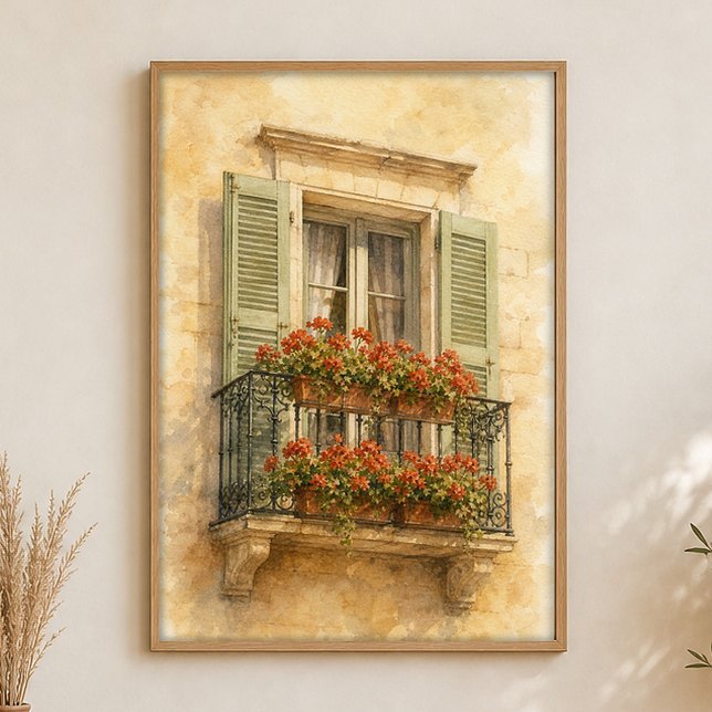 Póster tradicional de acuarela del balcón de Prove (Shown framed for scale. Poster ships unframed; frames are an optional add-on.)