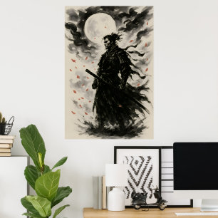 Póster tradicional japonés del guerrero samurái