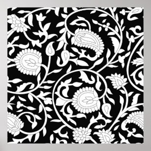 Póster Traditional indian paisley pattern on black and wh