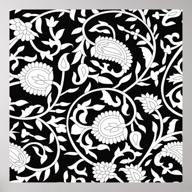 Póster Traditional indian paisley pattern on black and wh (Frente)
