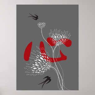 Póster Traga pájaros Corazón Chino Floral Kanji Oriental