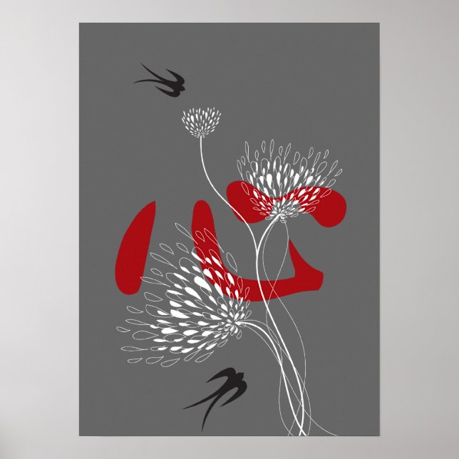 Póster Traga pájaros Corazón Chino Floral Kanji Oriental (Frente)