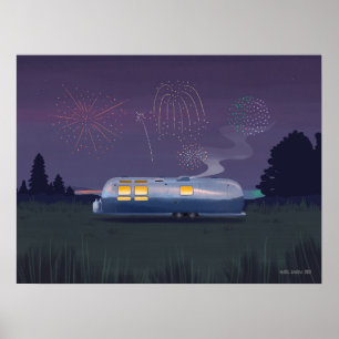 Póster Trailer de viaje Plata RV & Night Sky