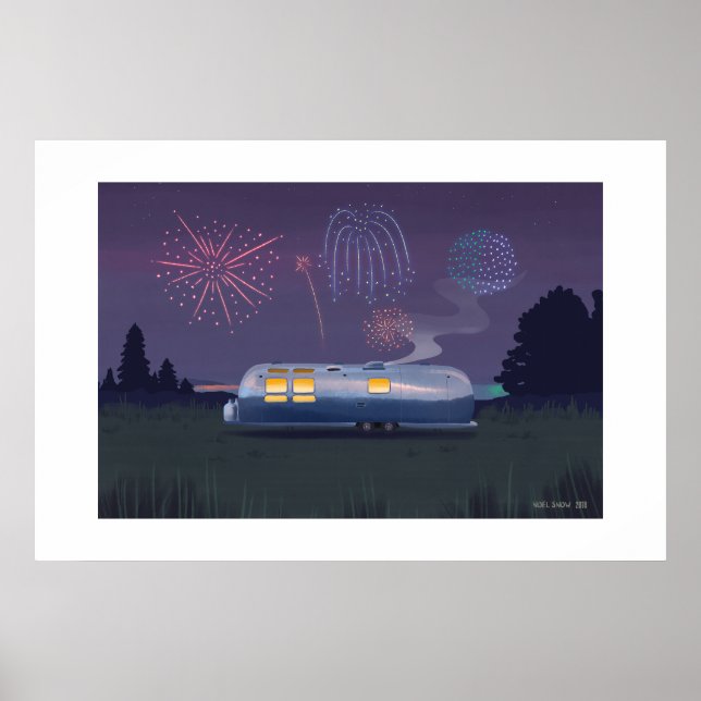 Póster Trailer de viaje RV plateado y cielo nocturno impr (Frente)