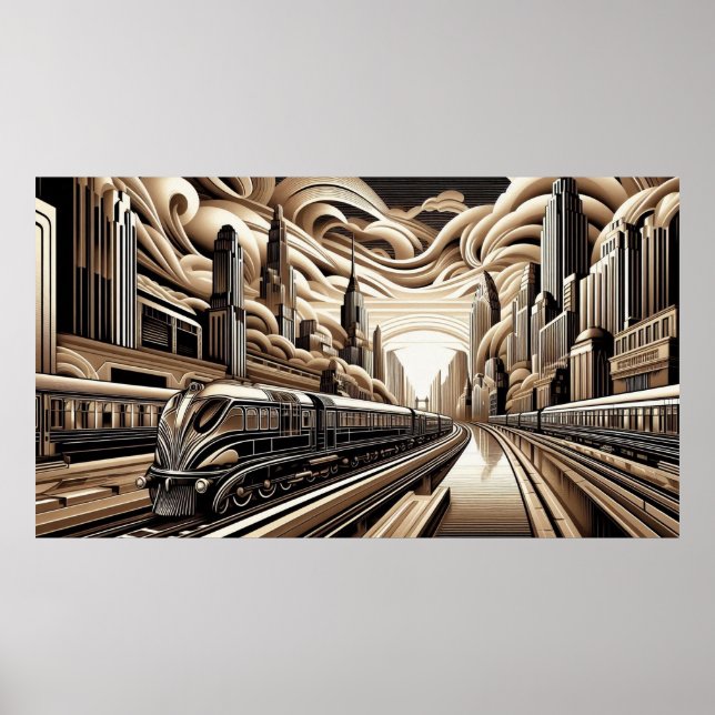 Póster Train Art Deco Style gold copper black white (Frente)