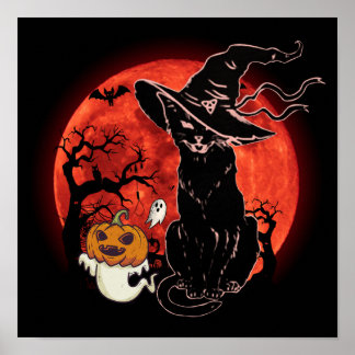 Póster Traje de Gato Negro Bruja de Halloween Retro de Te