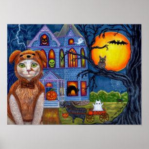 Póster Traje de gato perro de Halloween Casa Victoriana E