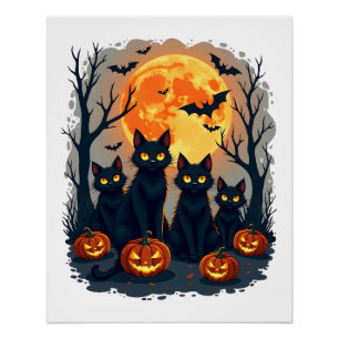 Póster Traje de Halloween de gato negro retro con calabaz