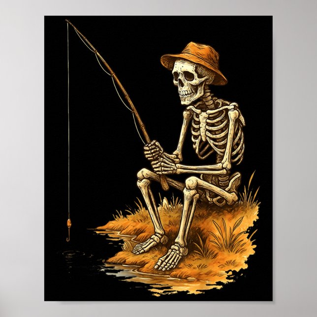 Póster Traje de Halloween divertido de pesca de esqueleto (Frente)
