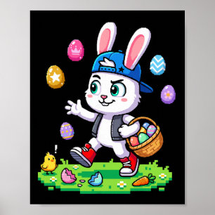 Póster Traje divertido de conejo feliz buscando huevos pa
