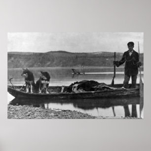 Póster Trampero en canoa con las pieles y los perros